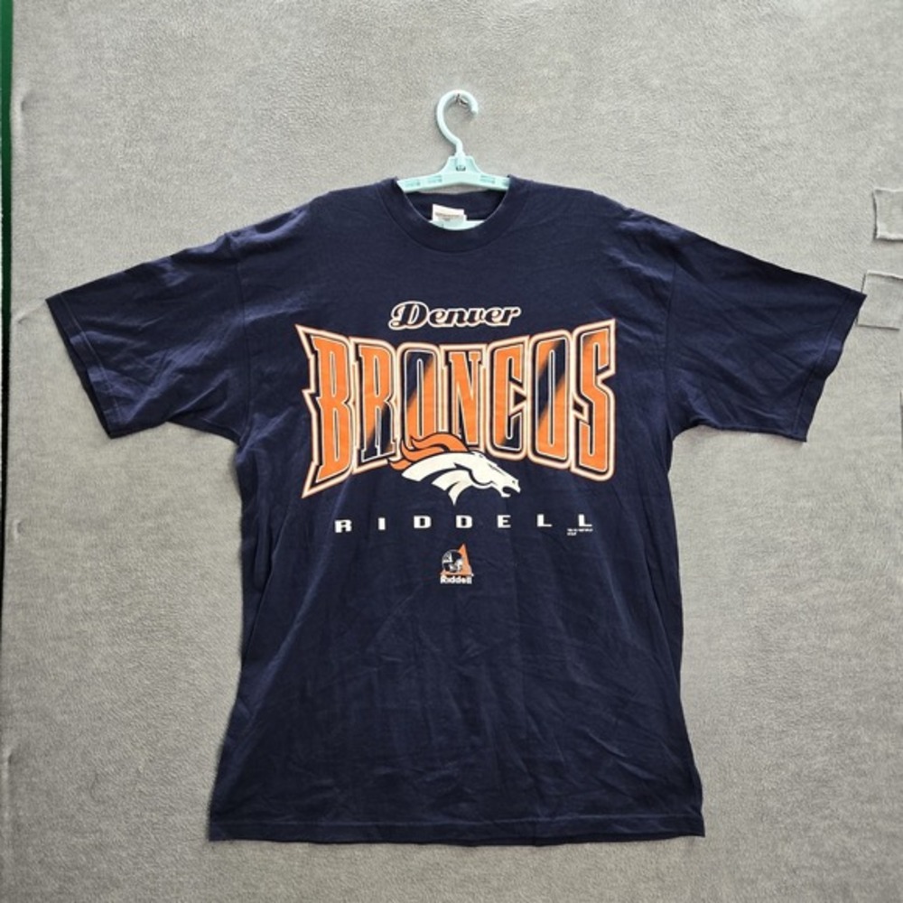 VINTAGE Denver Broncos Men Shirt‎ XL Blue Riddell Short Sleeve Logo 90s